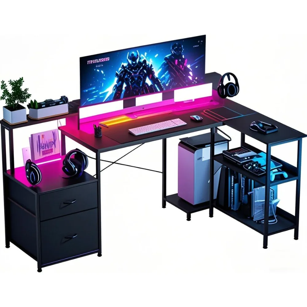 73 Inch L Shaped Gaming Desk with Drawers, Large Computer Desk with Storage and Power Outlet, Corner Desk with Led Lights