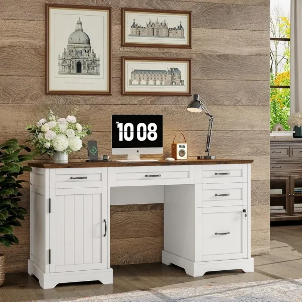 55'' Farmhouse Executive Desk, Home Office Desk with Drawers, Wood Computert Desk with File Cabinet and Power Outlets