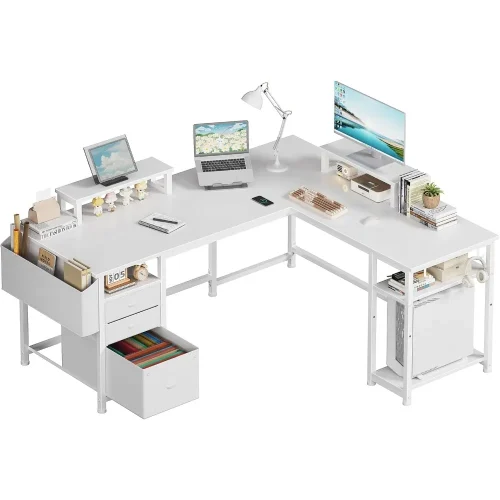 Large L Shaped Computer Desk with Fabric File Drawers Cabinet, 66 Inch Home Office Desks with Filing Cabinet and Storage