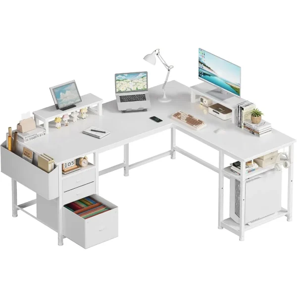 Large L Shaped Computer Desk with Fabric File Drawers Cabinet, 66 Inch Home Office Desks with Filing Cabinet and Storage