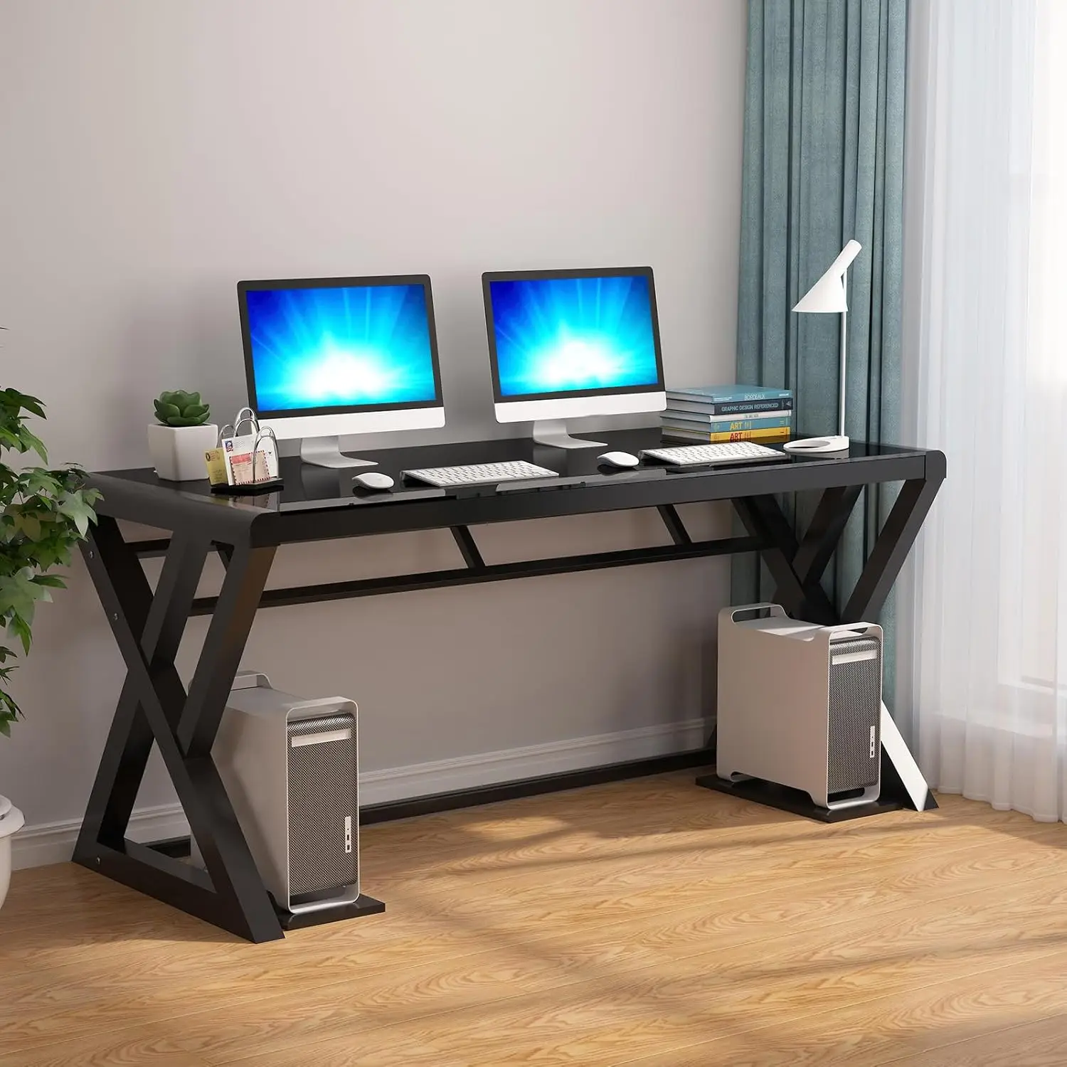 Tempered Glass Computer Desk, Ultramodern Home Office Desk Study Writing Desk With X-Shaped Leg, Tempered Glass Desktop And
