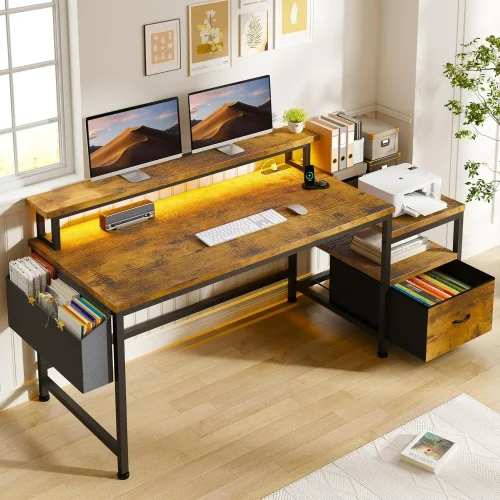 57" Computer Desk with Drawers and Printer Space,Office Desk with Power Outlets,Home Office Desks with File Drawers Cabinet
