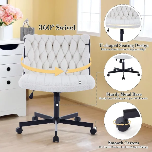 Modern Criss Cross Chair, Extra Wide Office Chair with Adjustable Height and 360° Swivel Casters, Swivel Cozy Desk Chair