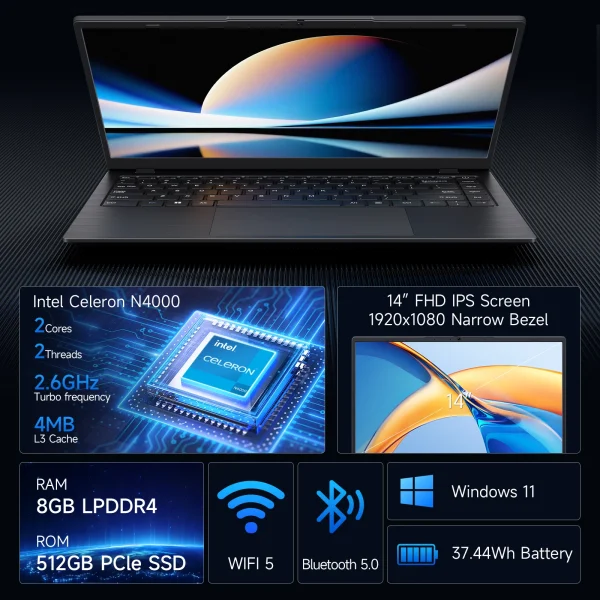 kf-Safe08f8950334dafaf1650f1e3e12bc5M 14 Inch Windows 11 Laptops New N4000 2.6Ghz 8GB RAM 512GB ROM Notbook Pc Computer Laptop