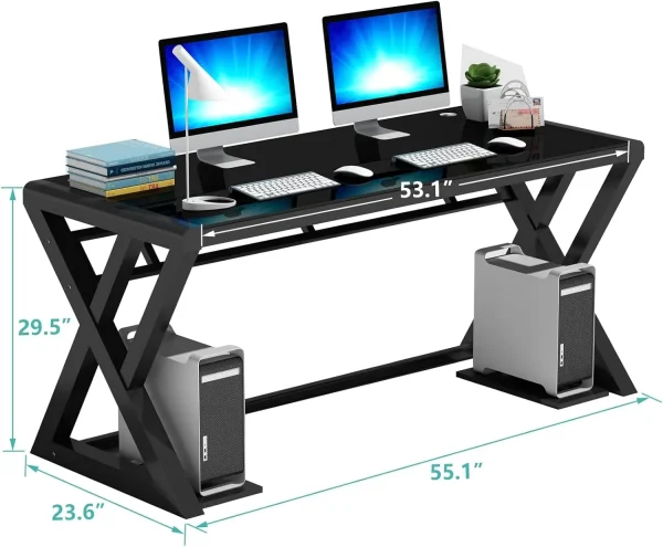 Tempered Glass Computer Desk, Ultramodern Home Office Desk Study Writing Desk With X-Shaped Leg, Tempered Glass Desktop And