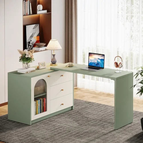 L-Shaped Computer Desk with Drawers, Modern Corner Home Office Desk with Reversible Storage Cabinet, Long Study Writing Desk Wo