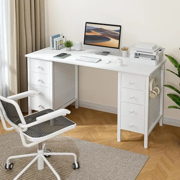 White Computer Desk With Drawers On Both Sides For Home Office, 55 H Girls Teens Desks With Storage Writing Study Table For