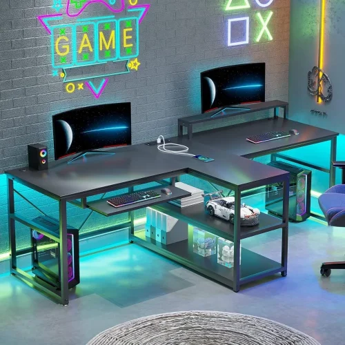 94.5" Office Computer Desk, 2 Person Gaming Desk with Storage, LED Lights, Keyboard Tray, Power Strip with USB & Monitor Stand