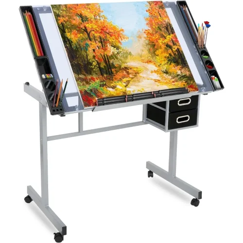 Height Adjustable Drawing Desk Glass Top Rolling Drafting Table Art Craft Draft Station Home Office Workstation w/Drawers