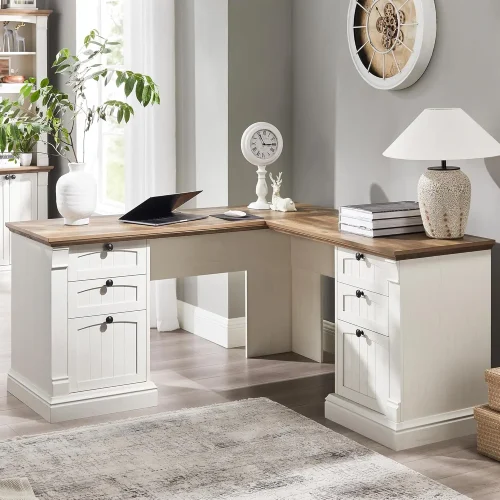L Shaped Executive Desk with Drawers, Home Office Desk with Charging Station, Wood Corner Computer Desk for Work and Study