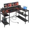 L Shaped Gaming Desk with LED Lights & Power Outlets, Reversible Computer with Stand & Shelves,Corner Desk Home Office