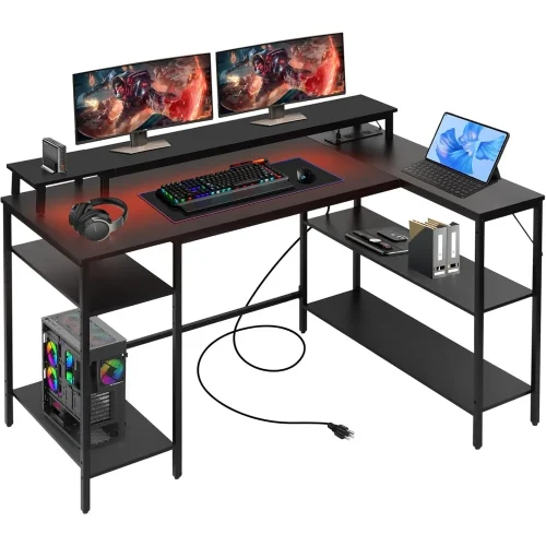 L Shaped Gaming Desk with LED Lights & Power Outlets, Reversible Computer with Stand & Shelves,Corner Desk Home Office