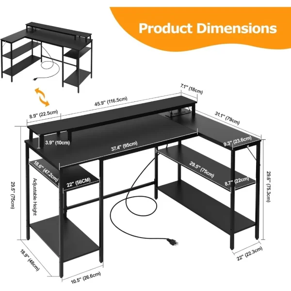 L Shaped Gaming Desk with LED Lights & Power Outlets, Reversible Computer with Stand & Shelves,Corner Desk Home Office