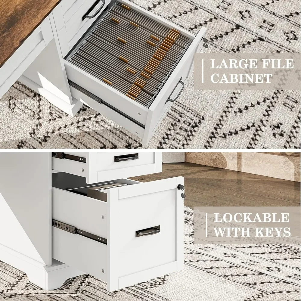 55'' Farmhouse Executive Desk, Home Office Desk with Drawers, Wood Computert Desk with File Cabinet and Power Outlets - Image 4