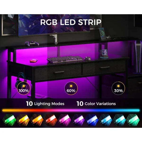 Computer Desk with 4 Drawers,48 Inch Reversible Desk with Led Lights & Power Outlet,Office Desk with File Drawer & Monitor Stand
