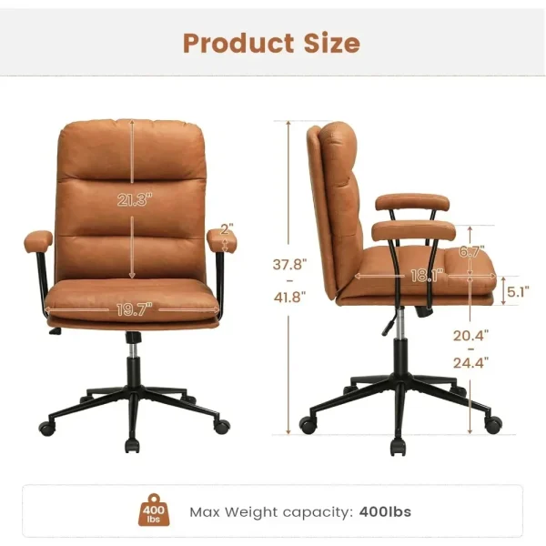 Brown Leather Office Chair,Mid Century Home Desk Chair with Padded Mid-Back Support Removable Armrests Height Adjustable