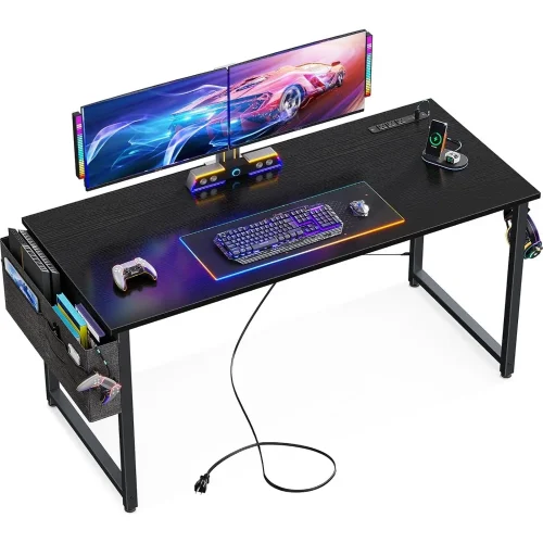 Small Desk with Power Outlets and USB Port Computer Desk for Home Office Gaming Simple Modern Style Writing Desks with Storage