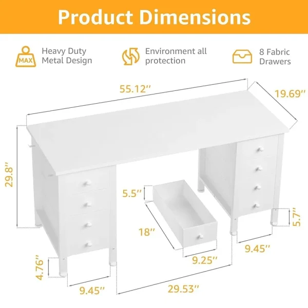 White Computer Desk With Drawers On Both Sides For Home Office, 55 H Girls Teens Desks With Storage Writing Study Table For