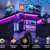 Satifur 67 inch Office Desk With Power Sockets and LED Lights, 2 Monitor Stands and 6 Adjustable Storage Drawers, Gaming Desk