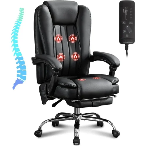 Massage Office Chair with Heat and 6 Vibration Points，Executive Office Chair with Foot Rest and Padded Armrests，Reclining Backre