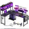 L Shaped Desk Gaming Desk with LED Light & Power Outlet, 53 Inch Reversible L Shaped Computer Table with Shelf & Storage Bag