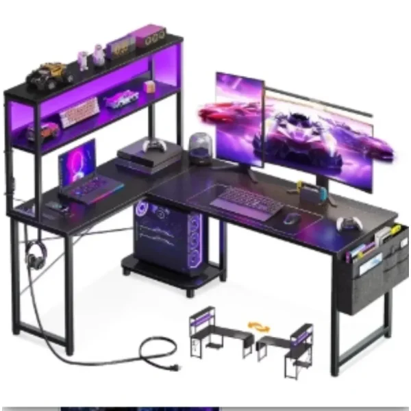 L Shaped Desk Gaming Desk with LED Light & Power Outlet, 53 Inch Reversible L Shaped Computer Table with Shelf & Storage Bag