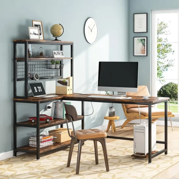 55" L-Shape Computer Desk with Hutch and Wireless Charging, Office Desk Study Table Writing Desk Workstation with 5 Shelves