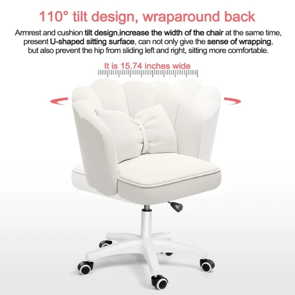 Cute Petal Desk Chair Velvet Home Office Butterfly Chairs with Bow Cushion Makeup Vanity Chair for Bedroom Computer Task Chairs