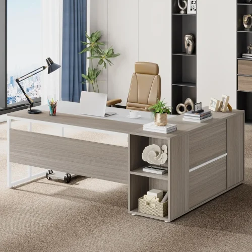 71 inch Executive Desk,L Shaped Desk with Cabinet Storage,Executive Office Desk with Shelves,Business Furniture Desk Workstation
