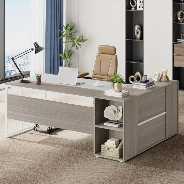 71 inch Executive Desk,L Shaped Desk with Cabinet Storage,Executive Office Desk with Shelves,Business Furniture Desk Workstation