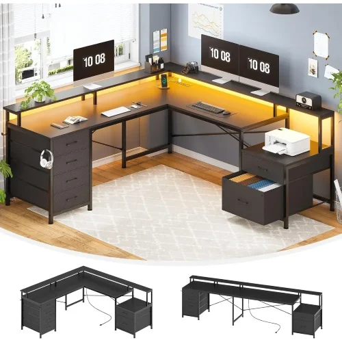 L Shaped Desk with 6 Drawer, 108" Home Office Desk with File Drawer & Power Outlet, Corner Computer Desk with Monitor Shelf
