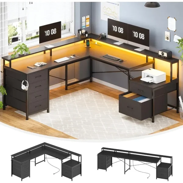 L Shaped Desk with 6 Drawer, 108" Home Office Desk with File Drawer & Power Outlet, Corner Computer Desk with Monitor Shelf