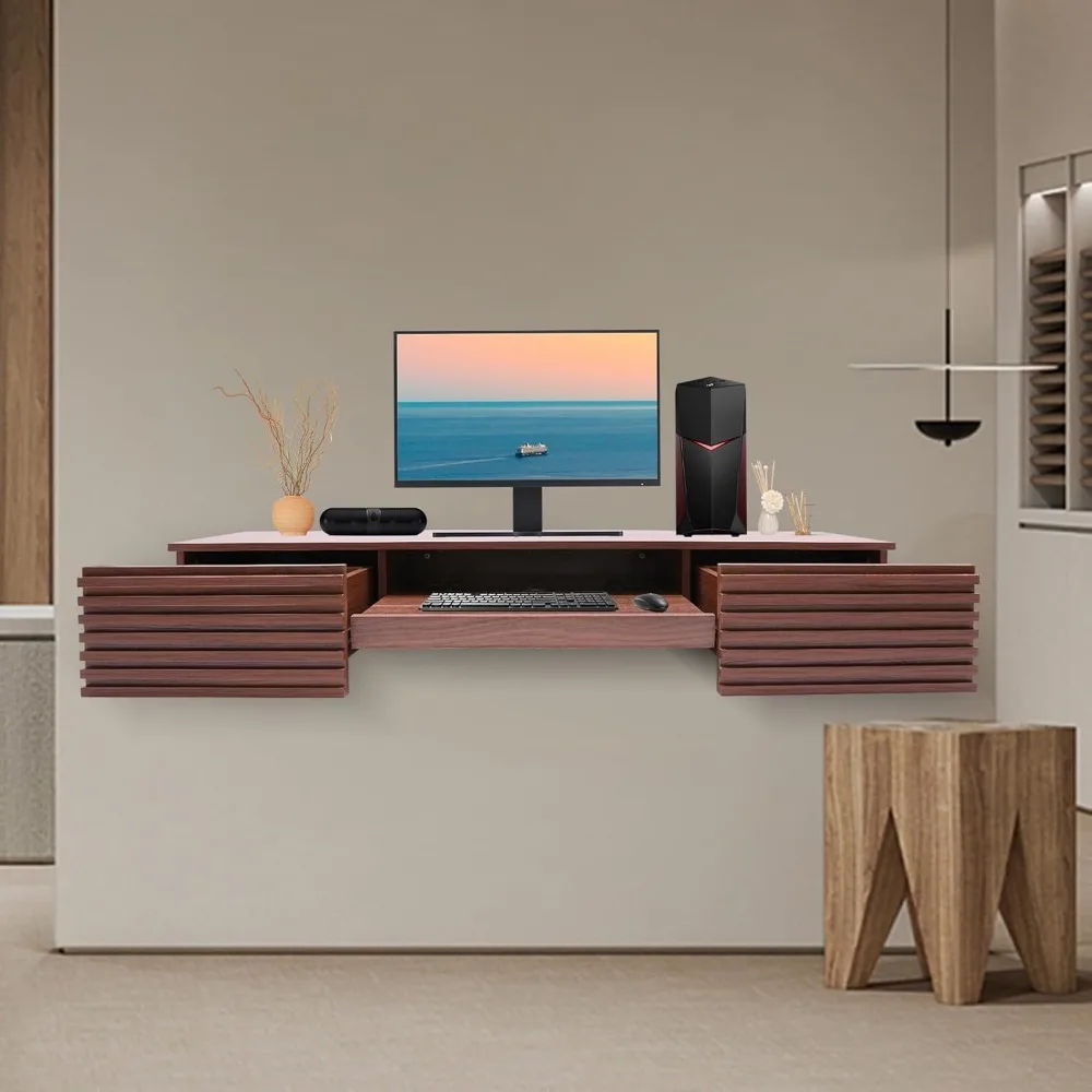 Wall Mount Office Computer Desk Mid Century Modern Wall Mounted Desk with Pull Out Drawer for Study Bedroom (Brown)