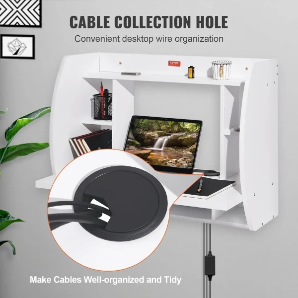 Floating Wall Mount Computer Desk Soet And 70.9 In (1.8 M) Power Cord For Home Office, Space Saving With Storage Shelves And