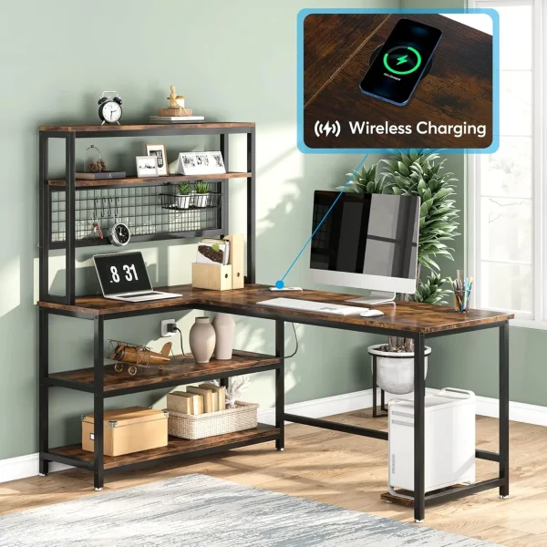 55" L-Shape Computer Desk with Hutch and Wireless Charging, Office Desk Study Table Writing Desk Workstation with 5 Shelves