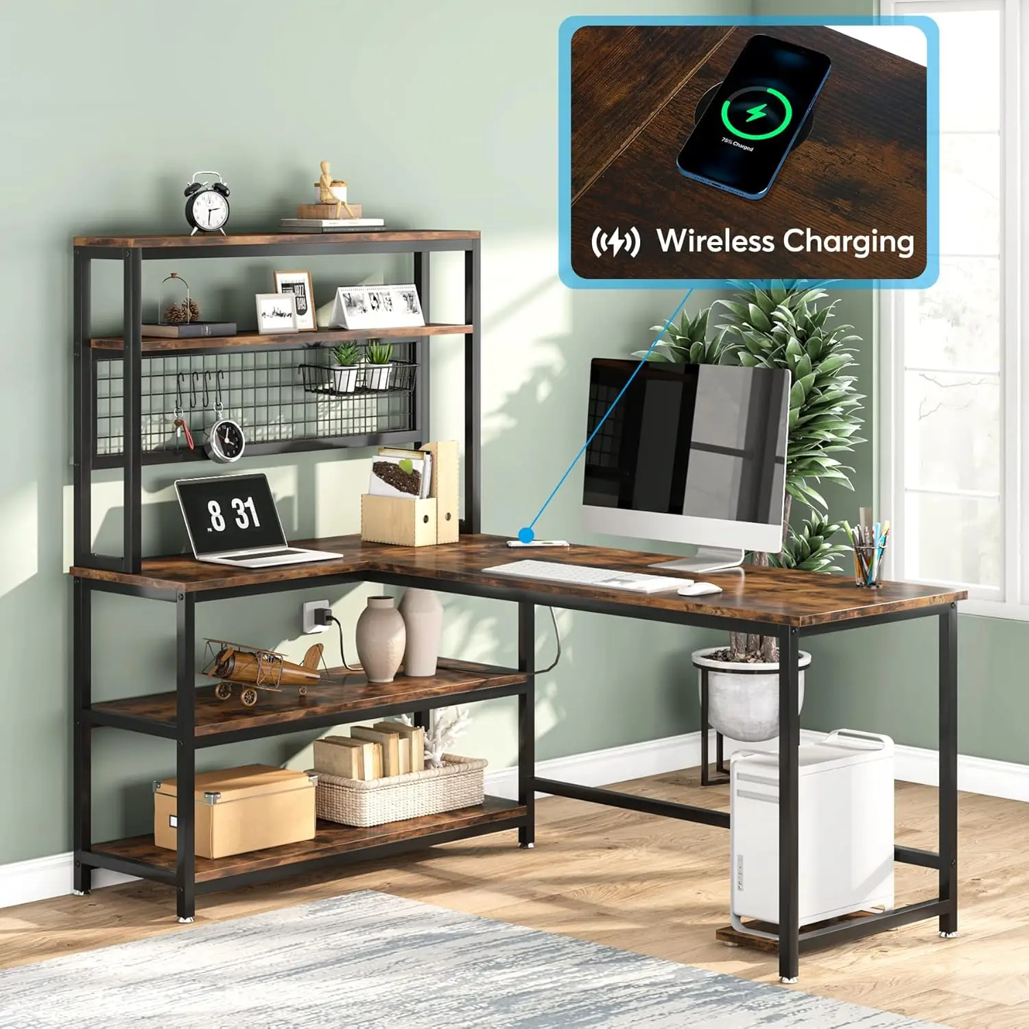 55" L-Shape Computer Desk with Hutch and Wireless Charging, Office Desk Study Table Writing Desk Workstation with 5 Shelves - Image 5