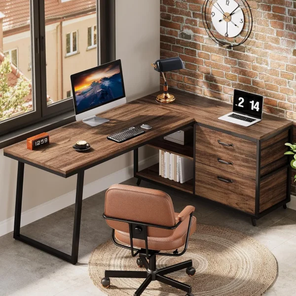 53" L Shaped Office Desk, Reversible Computer Desk with 3 File Drawers and 2 Storage Shelves for Home Office, Study, Gaming Room