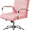 Mid-Back Office Chair With Arms Swivel Pu Leather Height Adjustable Office Executive Chair, Pink