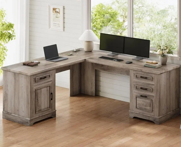 Farmhouse L Shaped DeskHome Office Desk with File Drawer and Power Outlet, Corner Desk, Workstation for Office Home, Grey
