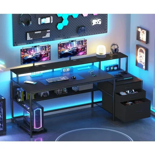 66" Computer Desk with LED Lights & Power Outlets, Home Office Desk with 3 Drawers & Storage Shelf, Gaming Desk