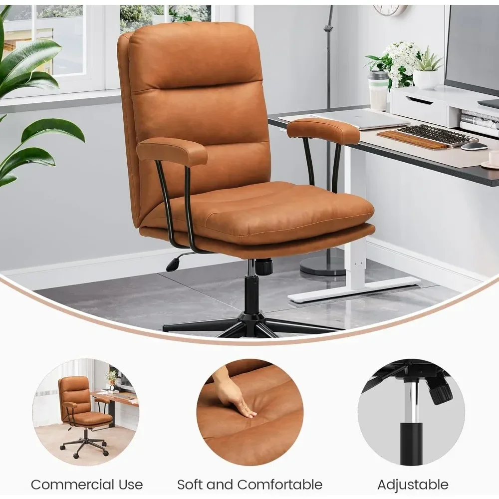 Brown Leather Office Chair,Mid Century Home Desk Chair with Padded Mid-Back Support Removable Armrests Height Adjustable - Image 2
