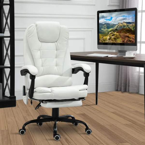 7-Point Vibrating Massage Office Chair High Back Massaging Office Desk Chair with Lumbar Support, Footrest, White