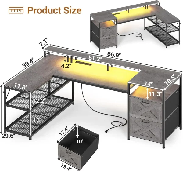 67" L Shaped Desk with Drawers, Computer Office Desk with Storage Shelves & Power Outlet, Reversible Gaming Desk with LED Lights
