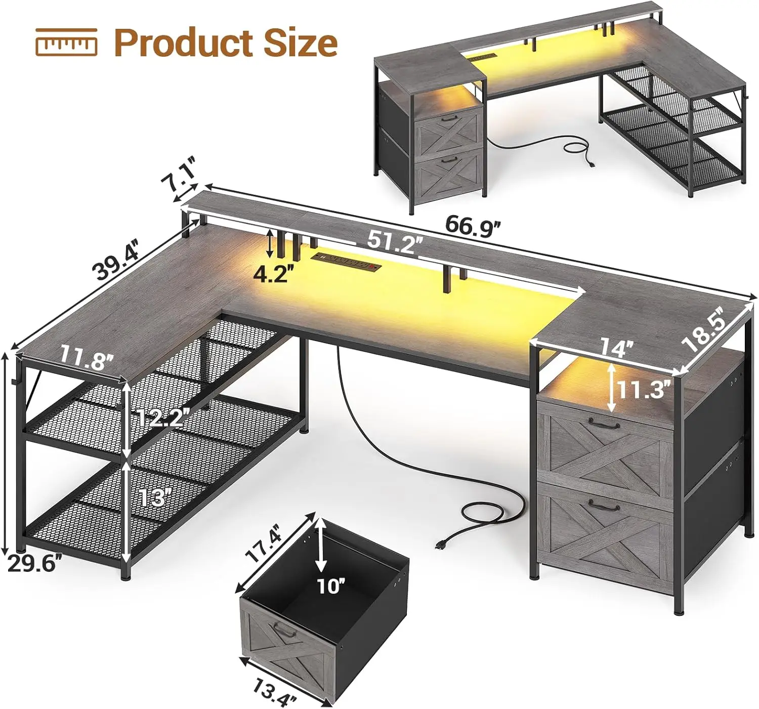 67" L Shaped Desk with Drawers, Computer Office Desk with Storage Shelves & Power Outlet, Reversible Gaming Desk with LED Lights - Image 2