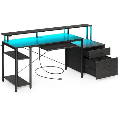 Computer Desk with File Drawer, Gaming Desk with LED Light & Power Outlets,Home Office Desk with File Cabinet & Storage Shelves