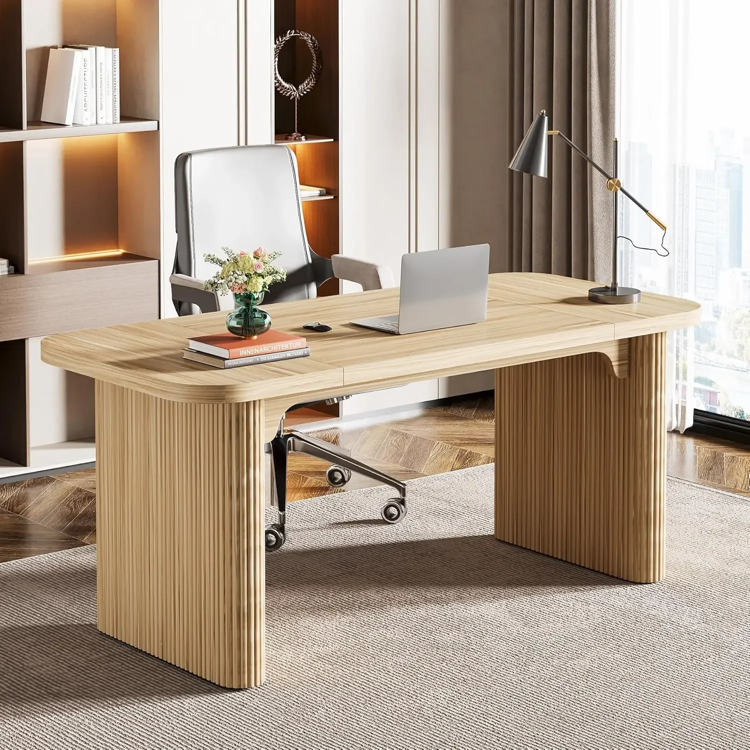 62-Inch Executive Desk, Large Computer Office Desk, Modern Office Desks & Workstations with Double Pedestal, Writing Table Work - Image 4