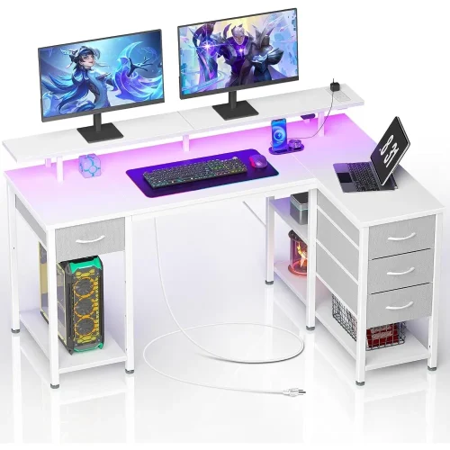 Gaming Desk with Drawers, 47.2 Inch L Shaped Desk, Storage Shelves, Small Office Desk, LED Lights & Power Outlets