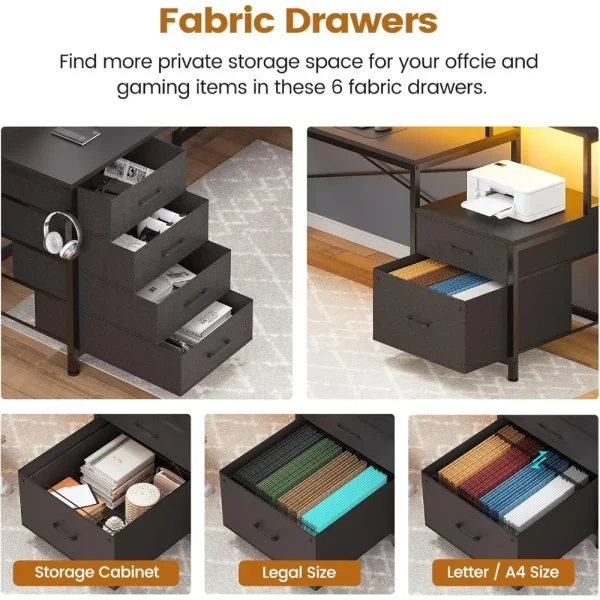 L Shaped Desk with 6 Drawer, 108" Home Office Desk with File Drawer & Power Outlet, Corner Computer Desk with Monitor Shelf