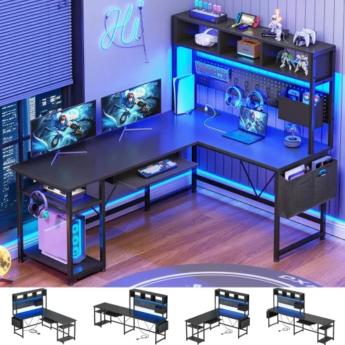 L Shaped Gaming Desk with Hutch, 57.5” Reversible Corner Computer Desk with Storage Shelves, Gaming Desk with Pegboard