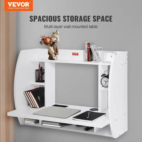 Floating Wall Mount Computer Desk Soet And 70.9 In (1.8 M) Power Cord For Home Office, Space Saving With Storage Shelves And